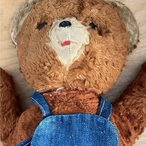 Vintage Brown Teddy Bear with Denim Overalls